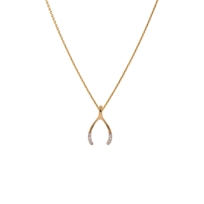 Small Wishbone Necklace: 14K Gold small wishbone necklace on a white background