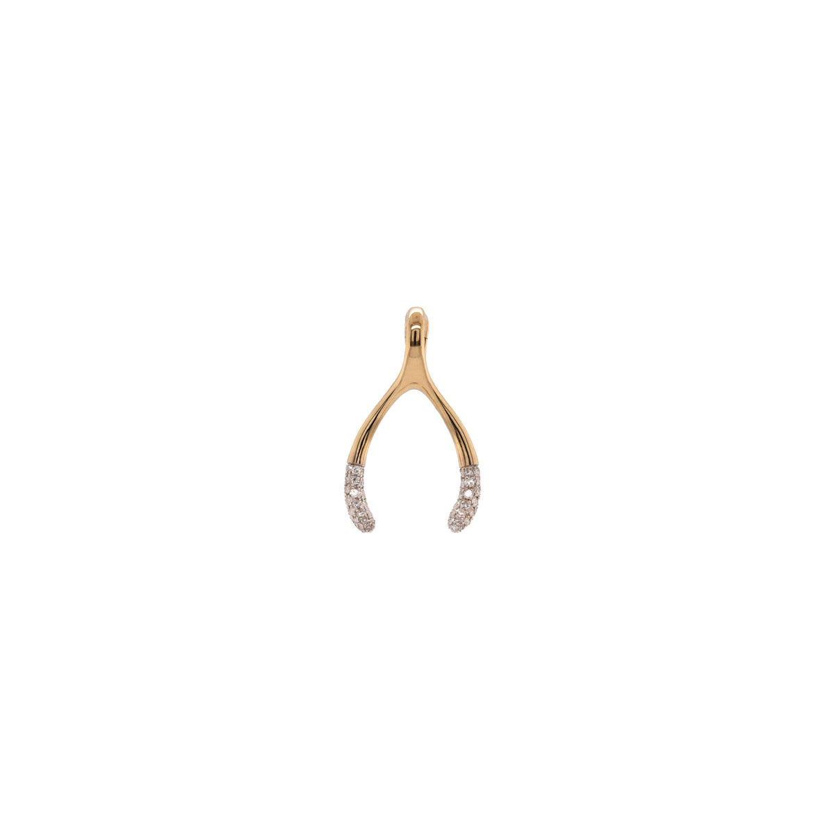 Small Wishbone Pendant: 14K gold wishbone-shaped charm with diamonds  and an openable bail on a white background