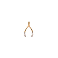 Small Wishbone Pendant: 14K gold wishbone-shaped charm with diamonds  and an openable bail on a white background