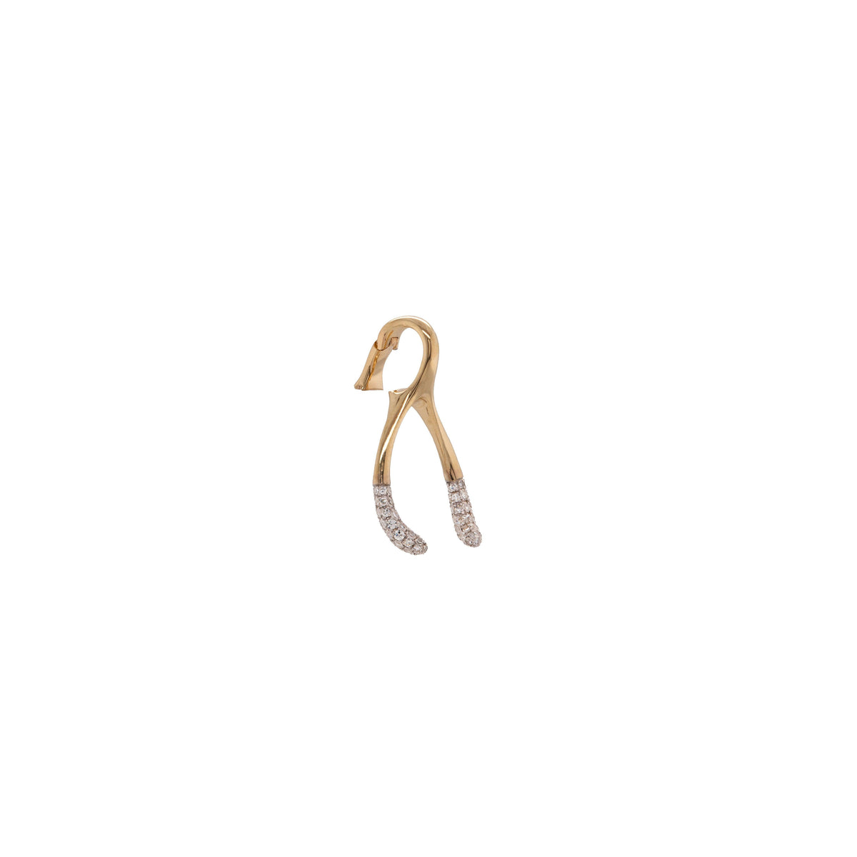 Small Wishbone Pendant: 14K gold wishbone-shaped charm with diamonds  and an openable bail on a white background