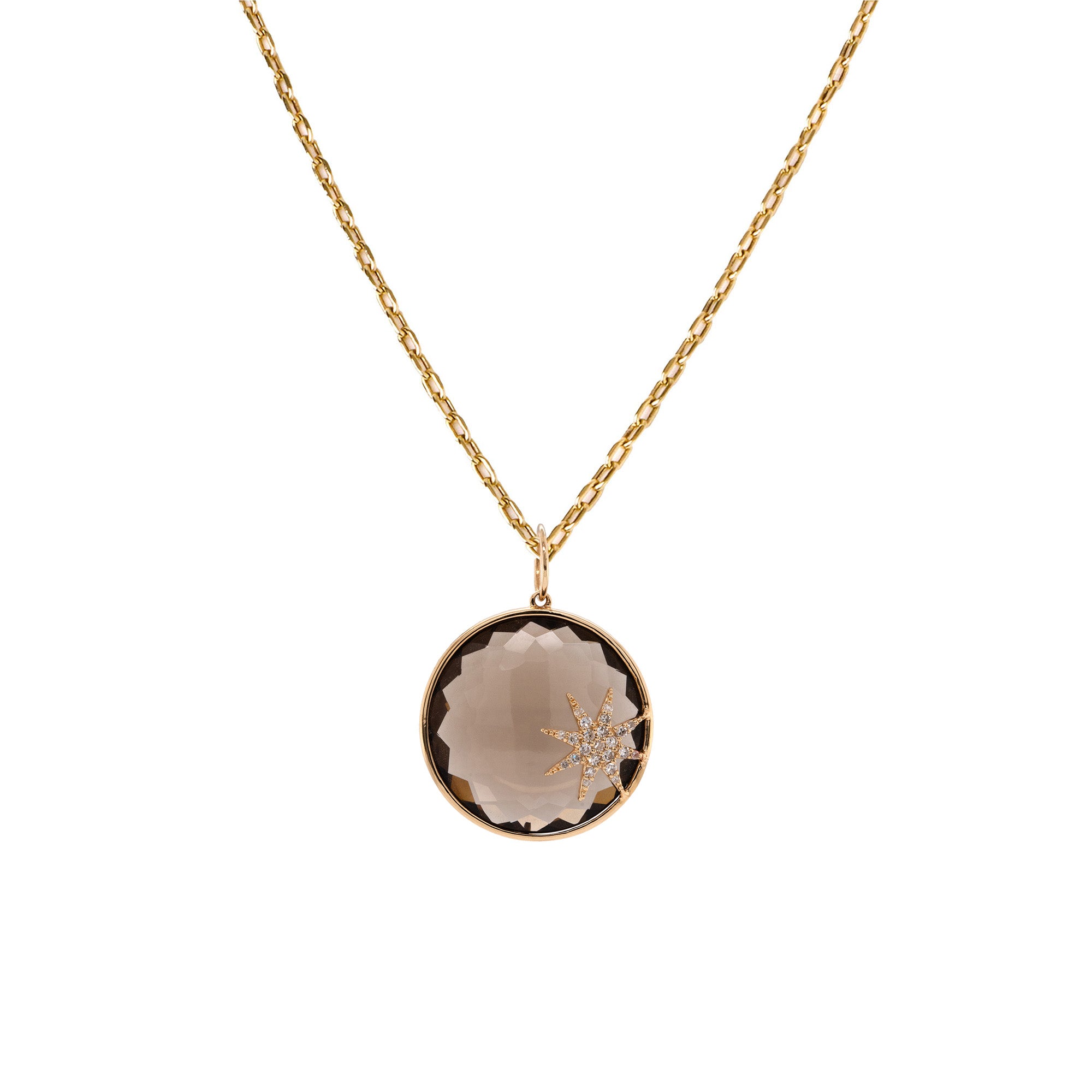 Smoky Quartz Crystal Galaxy Necklace: A round smoky quartz crystal pendant featuring a small diamond star on the bottom right corner. with a gold yellow gold chain 