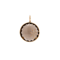 Smoky Quartz Crystal Galaxy Necklace: A round smoky quartz crystal pendant featuring a small diamond star on the bottom right corner. with a gold yellow gold chain 