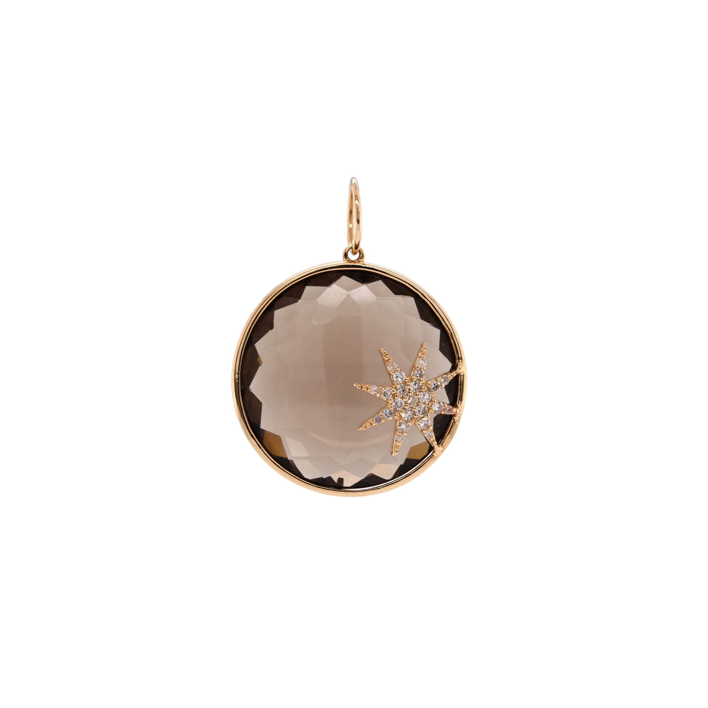 Smoky Quartz Crystal Galaxy Necklace: A round smoky quartz crystal pendant featuring a small diamond star on the bottom right corner. with a gold yellow gold chain 