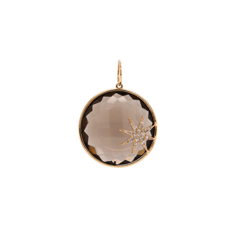 Smoky Quartz Crystal Galaxy Necklace: A round smoky quartz crystal pendant featuring a small diamond star on the bottom right corner. with a gold yellow gold chain 