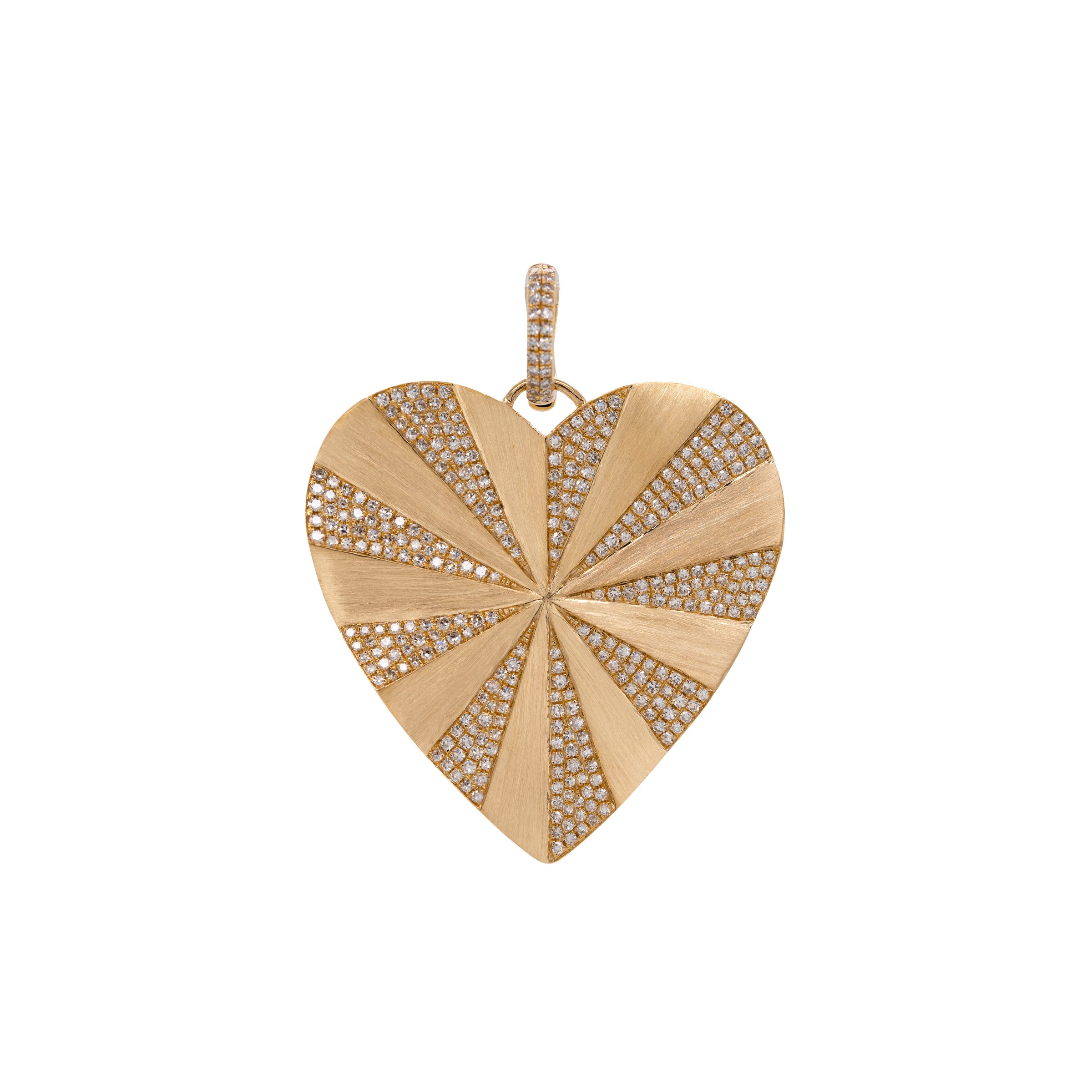 Spiral Heart Pendant: A 14K gold diamond pendant in the shape of a heart with a spiral pattern in the center.
