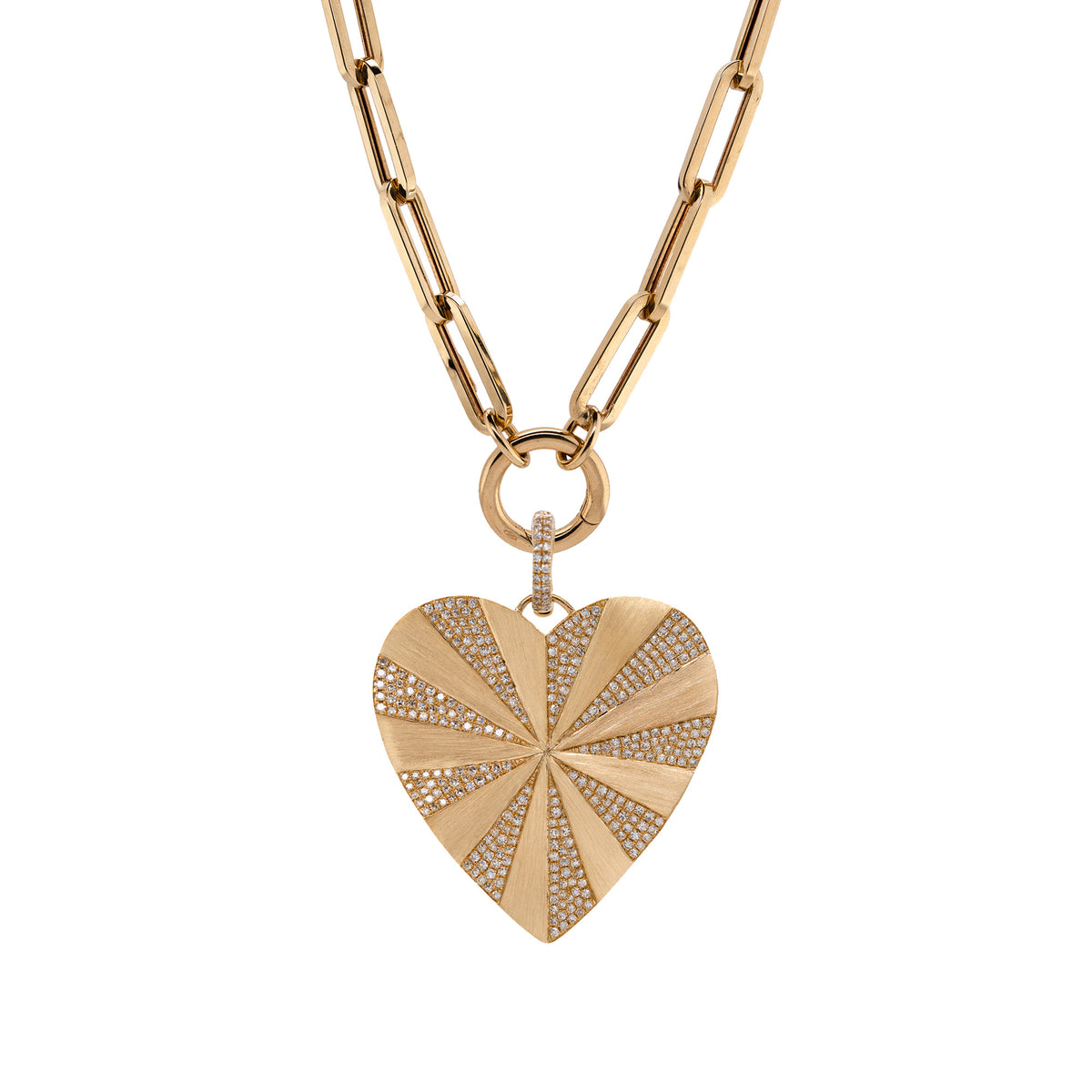 Spiral Heart Pendant and Large Paperclip with clasp: A 14K gold diamond pendant in the shape of a heart with a spiral pattern in the center, attached to a gold chain with a clasp.