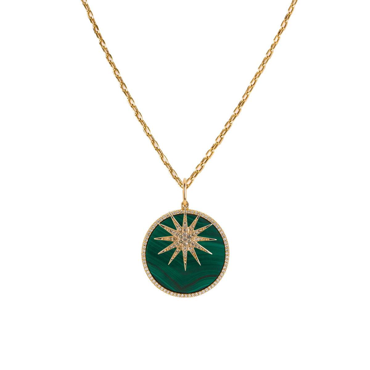 Starburst Diamond & Large Malachite Medallion Necklace: A 14K yellow gold charm necklace with a green malachite diamond medallion and a starburst diamond charm, accompanied by a long link chain.