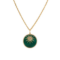 Starburst Diamond & Large Malachite Medallion Necklace: A 14K yellow gold charm necklace with a green malachite diamond medallion and a starburst diamond charm, accompanied by a long link chain.