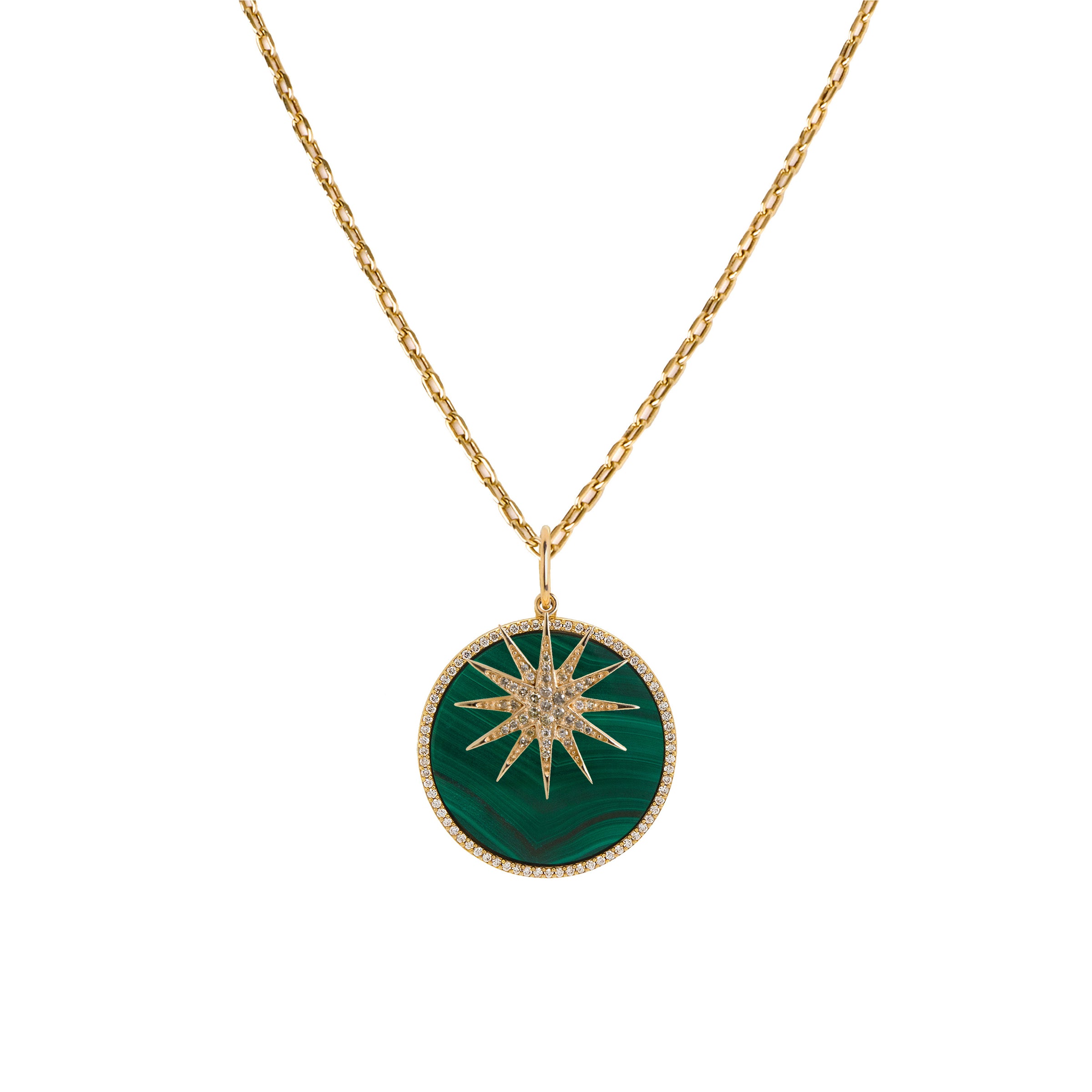 Starburst Diamond & Large Malachite Medallion Necklace: A 14K yellow gold charm necklace with a green malachite diamond medallion and a starburst diamond charm, accompanied by a long link chain.