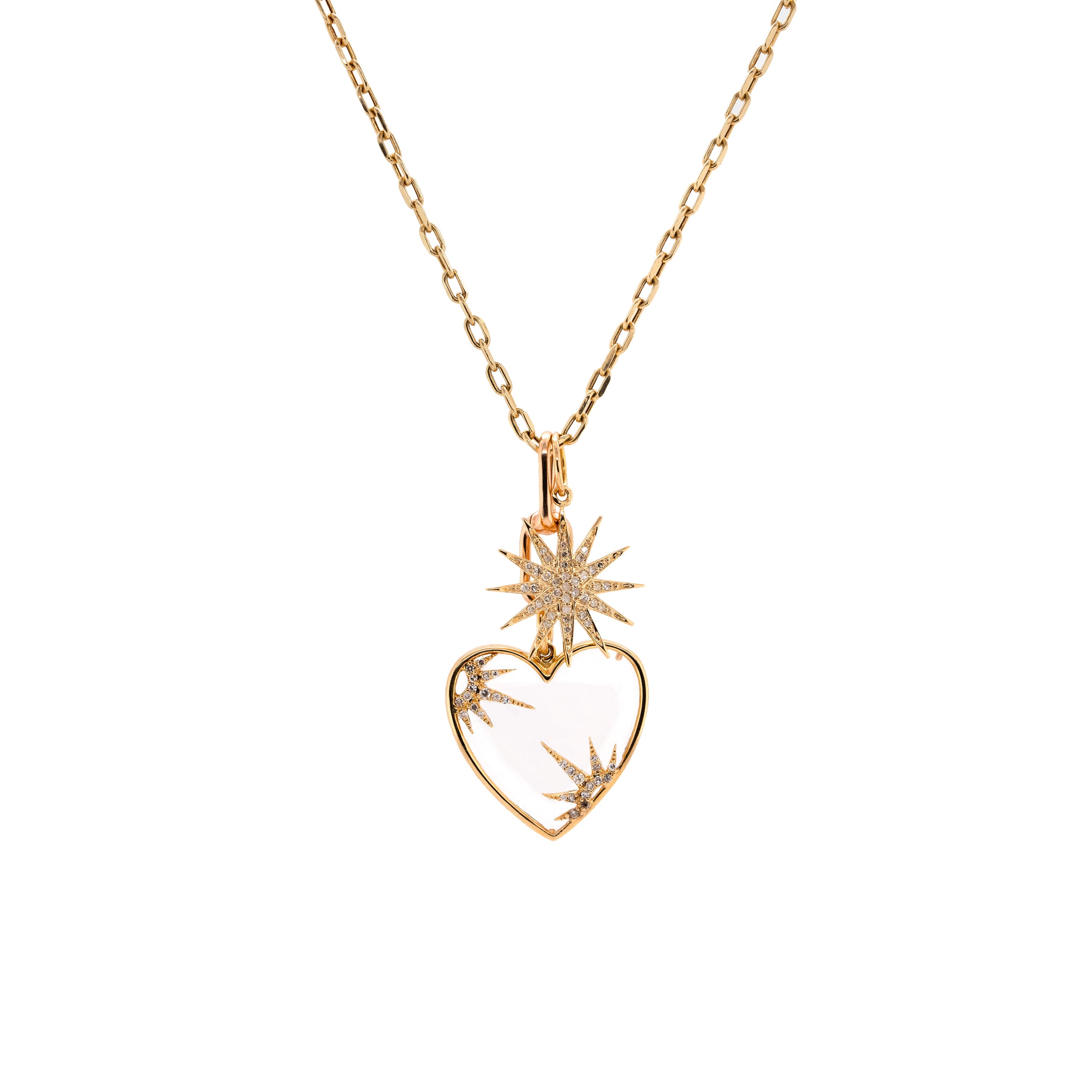 A 14K gold necklace with the Starburst Diamond Pendant, a Timeless Double-link Charm Clasp. and Loving Life Heart Pendant
