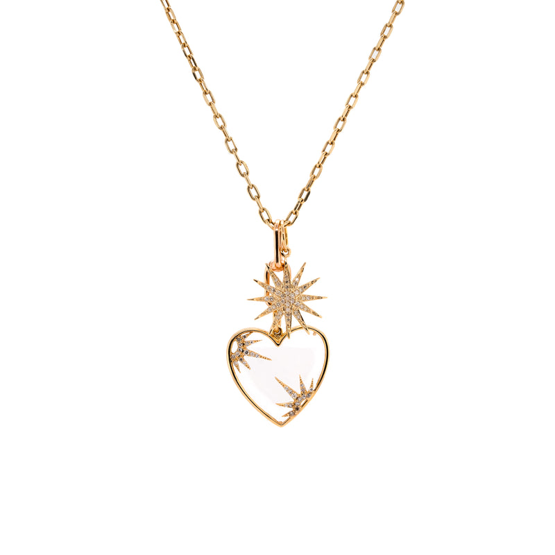 A 14K gold necklace with the Starburst Diamond Pendant, a Timeless Double-link Charm Clasp. and Loving Life Heart Pendant