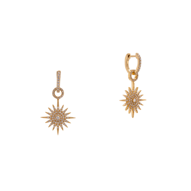 Starburst Drop Earrings: 14K gold diamond huggies with Starburst Drops