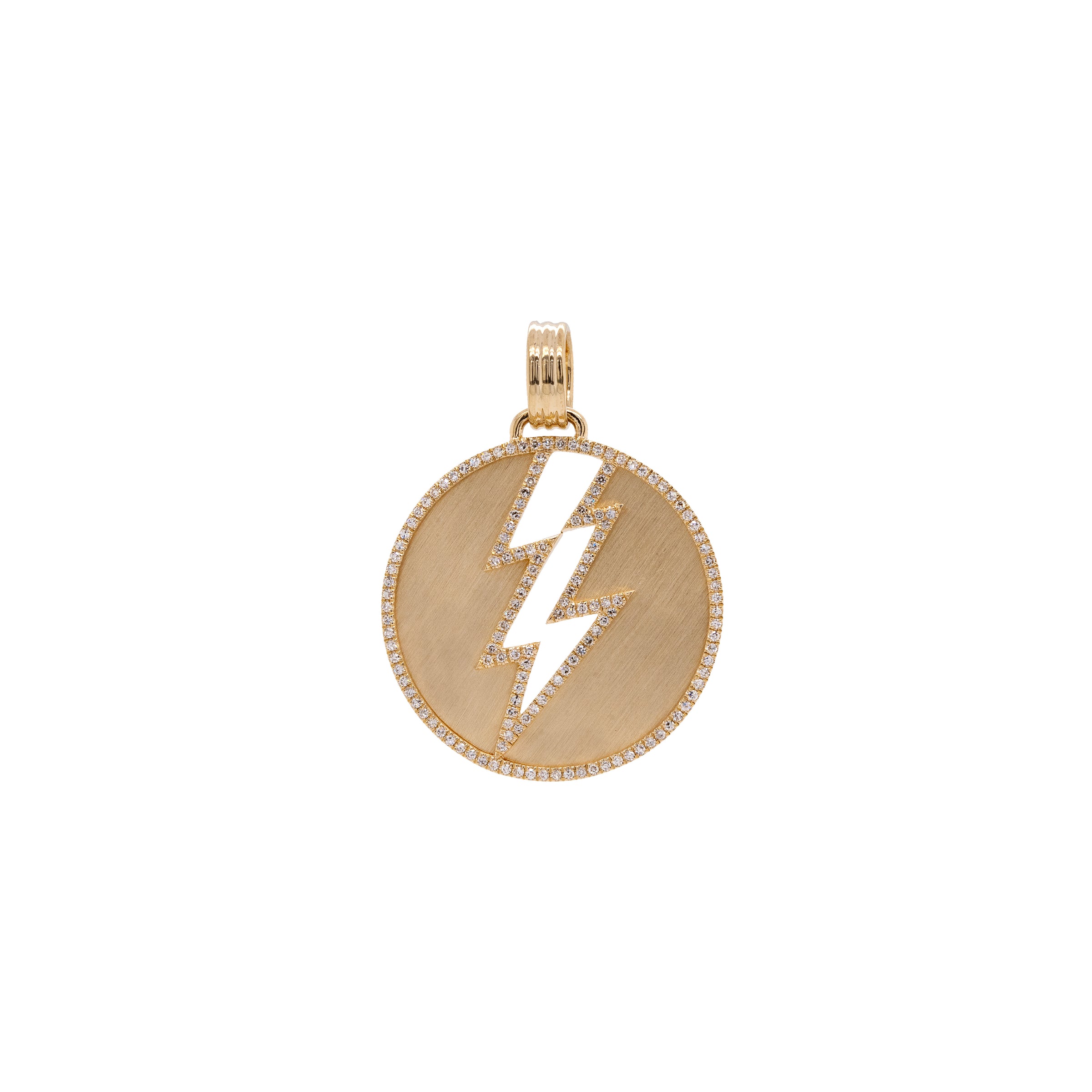 Storm Medallion Necklace: A 14K gold medallion with a lightning bolt outlined 