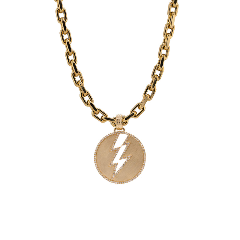 Storm Medallion Chubby Diamond Cut Necklace: A 14K gold medallion with a lightning bolt outlined on a Chubby Diamond Cut  chain