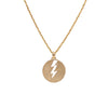 Storm Medallion Necklace: A 14K gold medallion with a lightning bolt outlined on a yellow gold chain