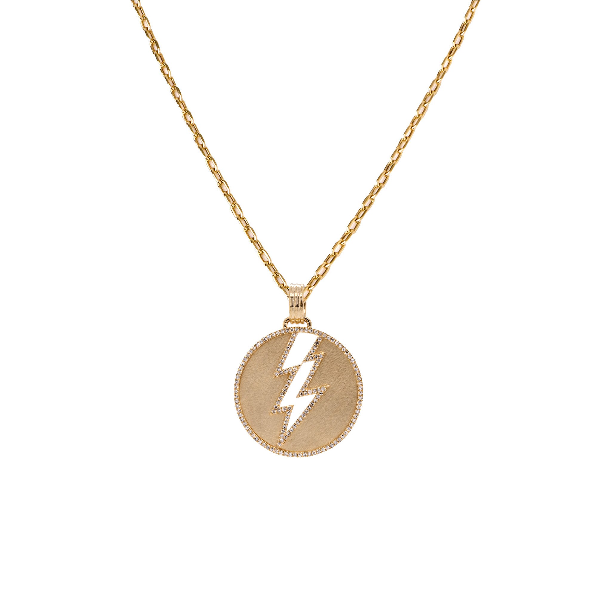 Storm Medallion Necklace: A 14K gold medallion with a lightning bolt outlined on a yellow gold chain