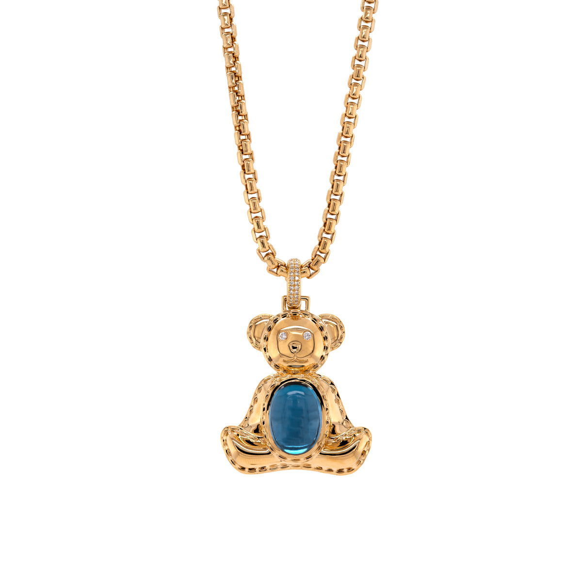 14K Gold box chain necklace with a bear-shaped pendant, Teddy Pendant, featuring a London Blue Topaz gemstone on a white background