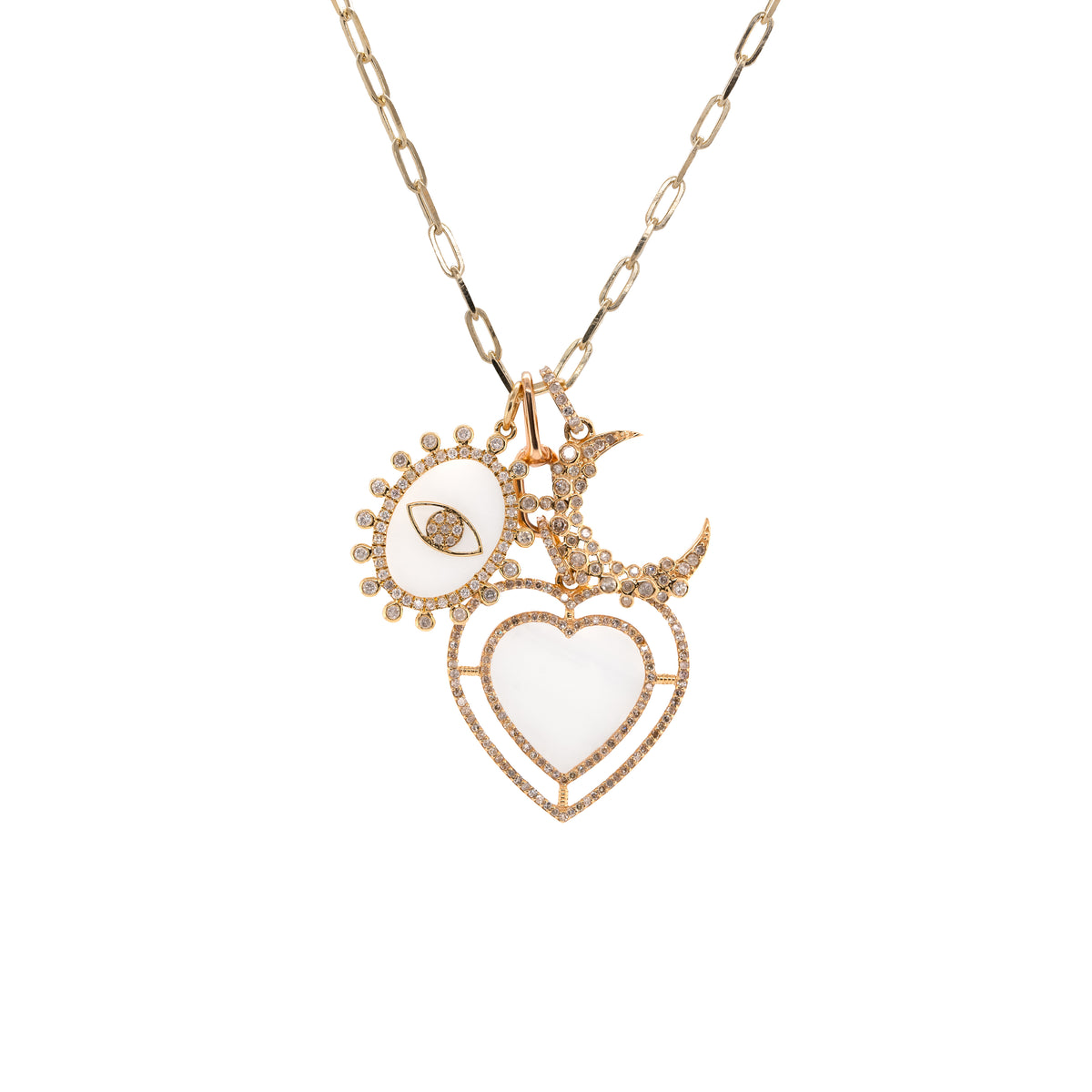 A 14K yellow gold charm necklace with a Sprinkles Crescent Pendant, Mother-of-Pearl Halo Heart Pendant, Mother-of-Pearl Dazzle Evil Eye Pendant, and Timeless_Double_Link_Clasp
