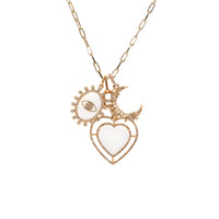A 14K yellow gold charm necklace with a Sprinkles Crescent Pendant, Mother-of-Pearl Halo Heart Pendant, Mother-of-Pearl Dazzle Evil Eye Pendant, and Timeless Double Link Clasp