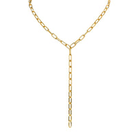 Timeless Lariat: A 14K yellow gold lariat necklace with link clasps on both ends, displayed against a white background.