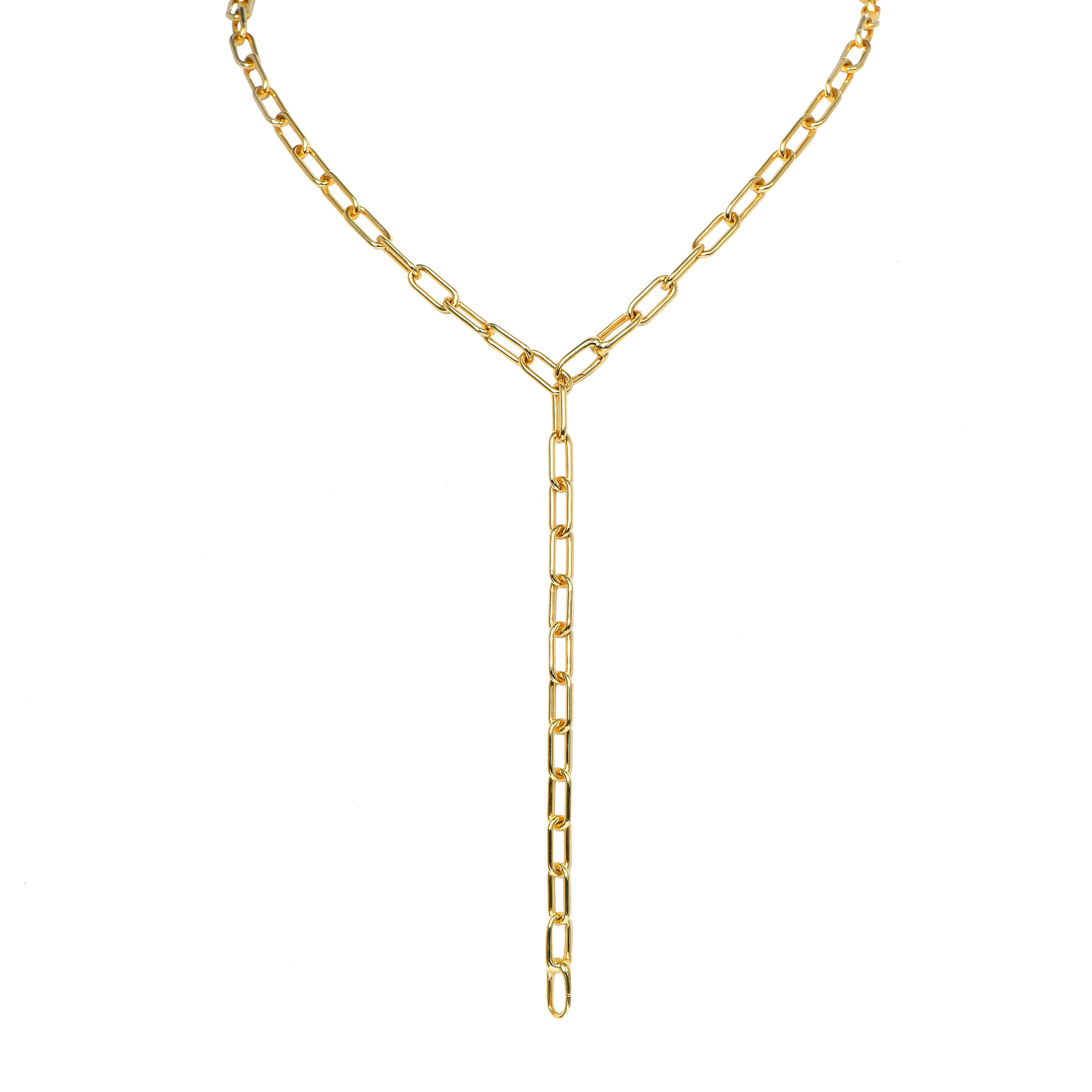 Timeless Lariat: A 14K yellow gold lariat necklace with link clasps on both ends, displayed against a white background.