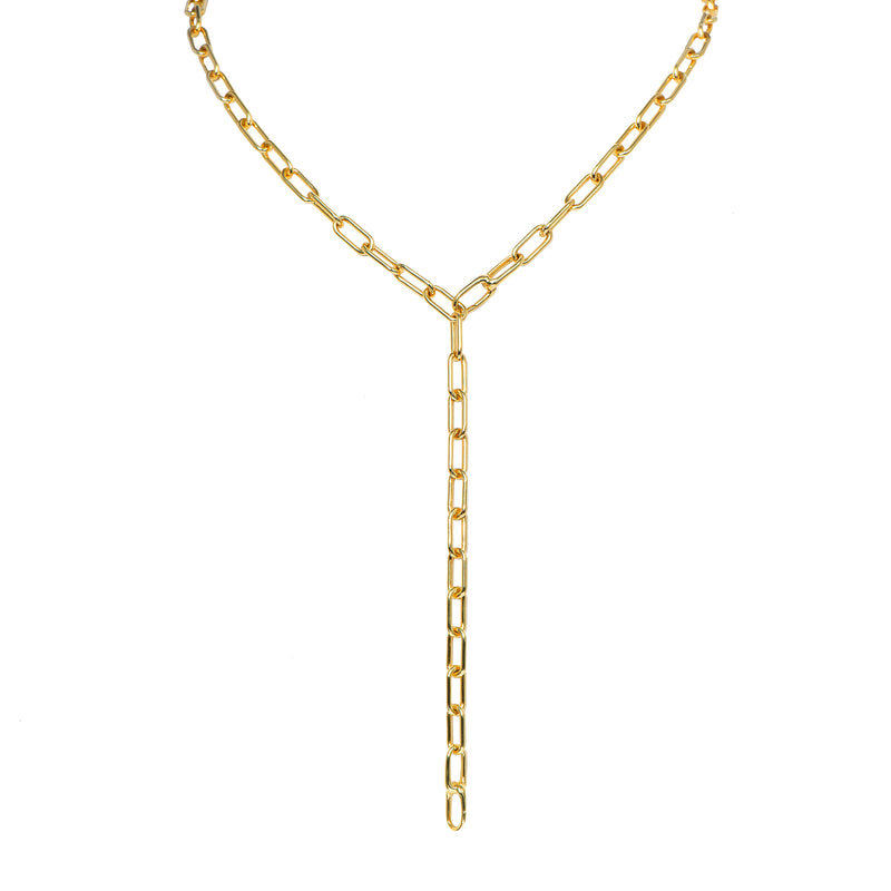Timeless Lariat: A 14K yellow gold lariat necklace with link clasps on both ends, displayed against a white background.