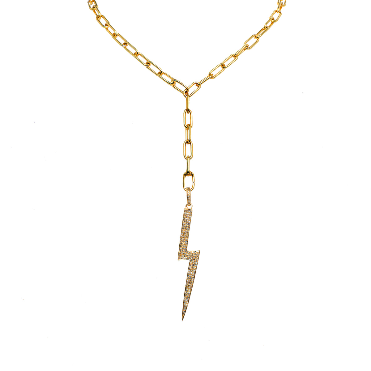 Timeless Lariat with the Large Lightning Pendant: 14K gold necklace with a lightning bolt shaped diamond embedded pendant