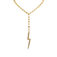 Timeless Lariat with the Large Lightning Pendant: 14K gold necklace with a lightning bolt shaped diamond embedded pendant