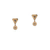 Trillion Bezel Drops: A pair of 14K gold drop earrings with a trillion bezel design, featuring a diamond at the center.