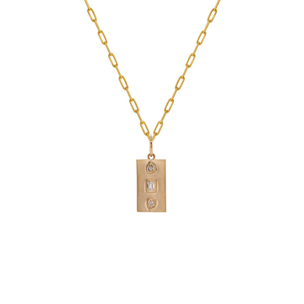Triptych Dog Tag Necklace: A 14K gold triptych dog tag necklace with three diamonds, displayed against a white background.