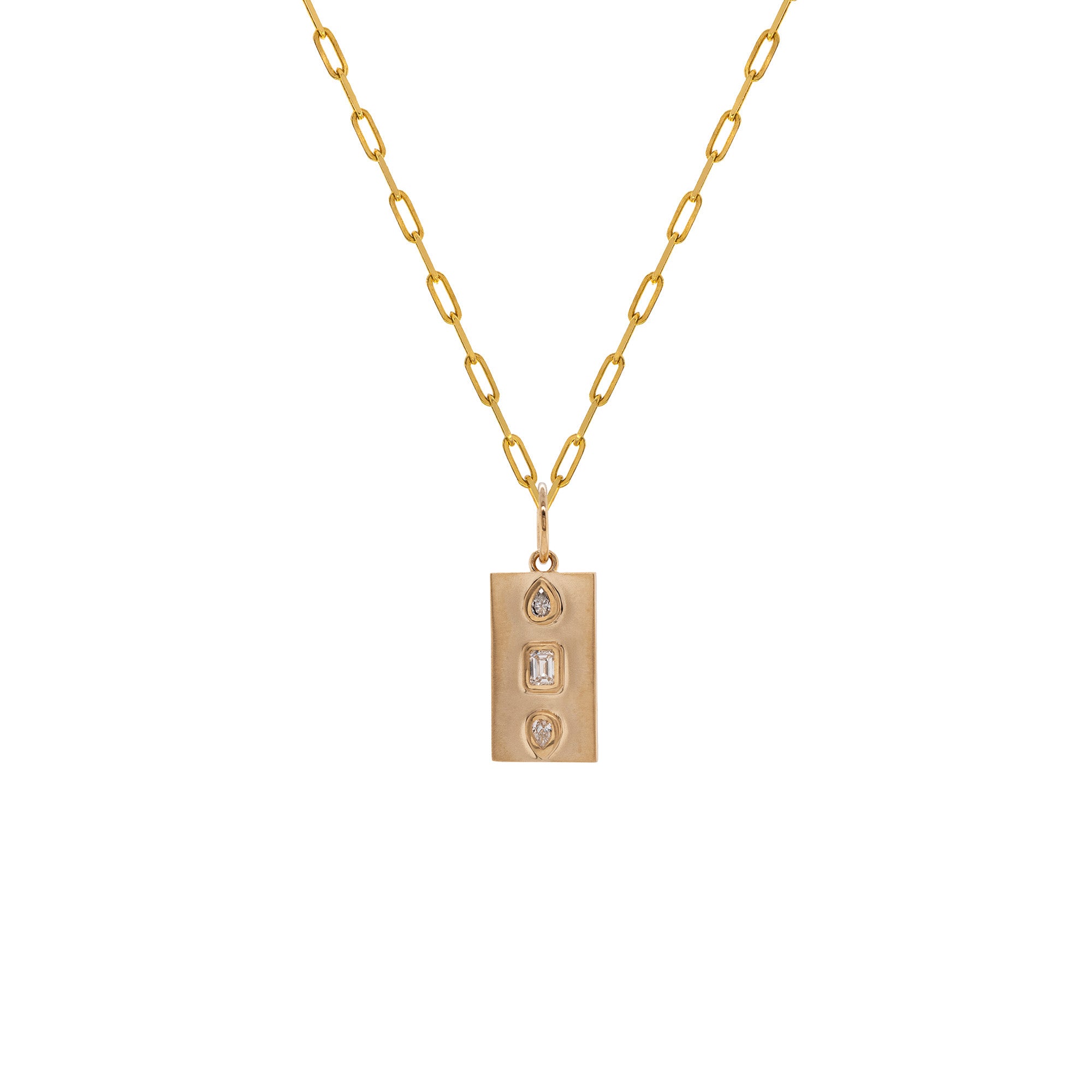 Triptych Dog Tag Necklace: A 14K gold triptych dog tag necklace with three diamonds, displayed against a white background.