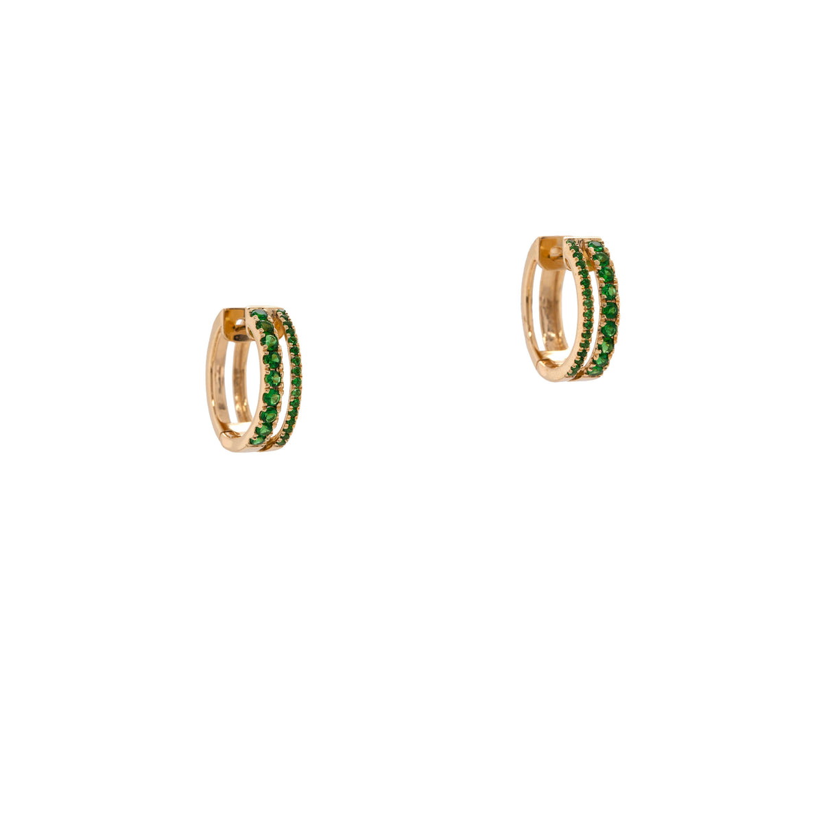Tsavorite Chloe Huggies: 14K gold huggie earrings with green gemstones on a white background