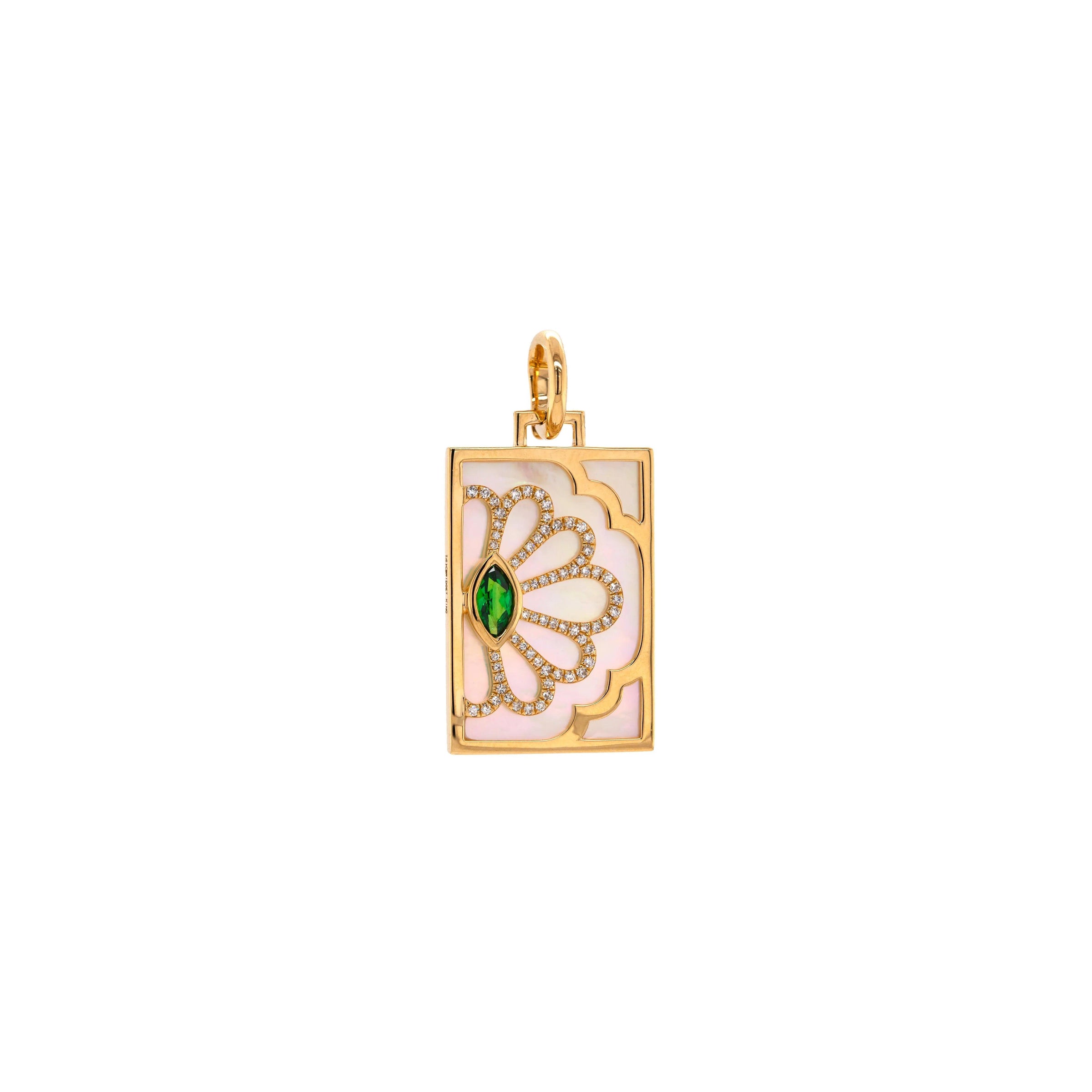 Tsavorite Floral Evil Eye Dog Tag, 14K Gold pendant with a green gemstone and diamond floral design on a white background