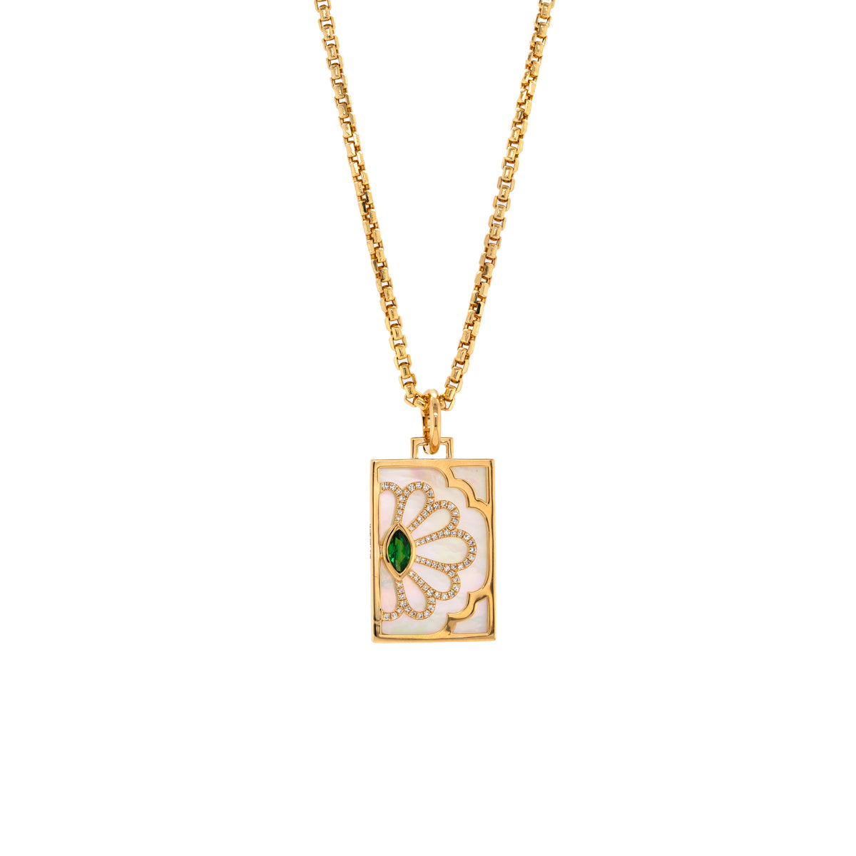 Tsavorite Floral Evil Eye Dog Tag, 14K Gold necklace with a pendant featuring a green gemstone on a white background