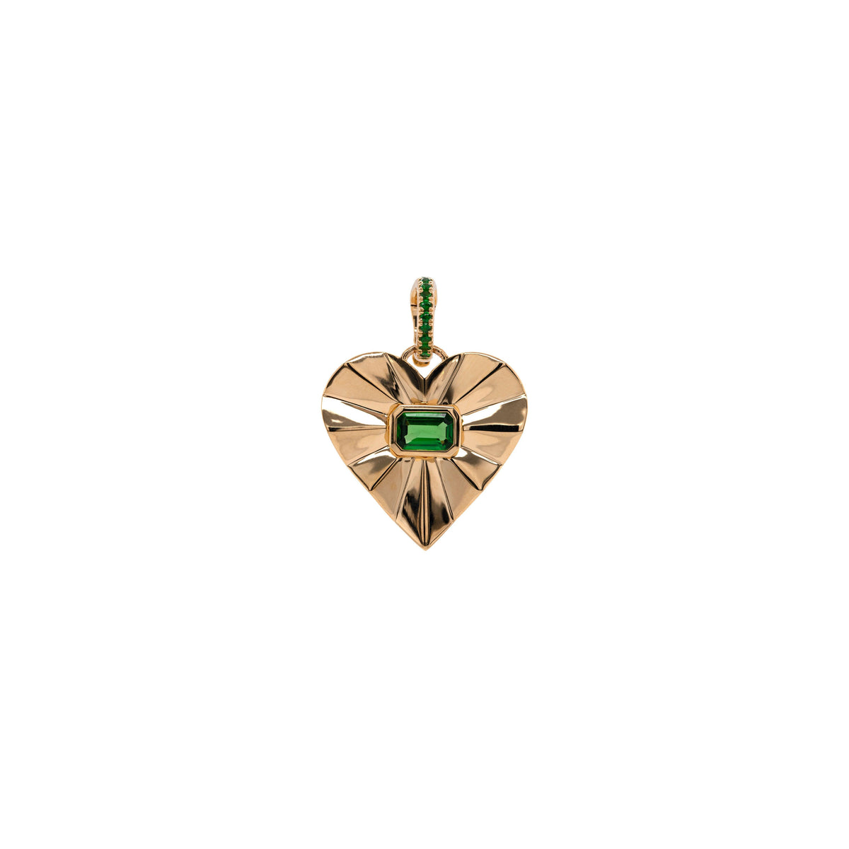 Tsavorite Spiral Heart Pendant: 14K gold charm in the shape of a heart with a center green gemstone and an openable bail with green gemstones on a white background