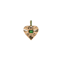 Tsavorite Spiral Heart Pendant: 14K gold charm in the shape of a heart with a center green gemstone and an openable bail with green gemstones on a white background