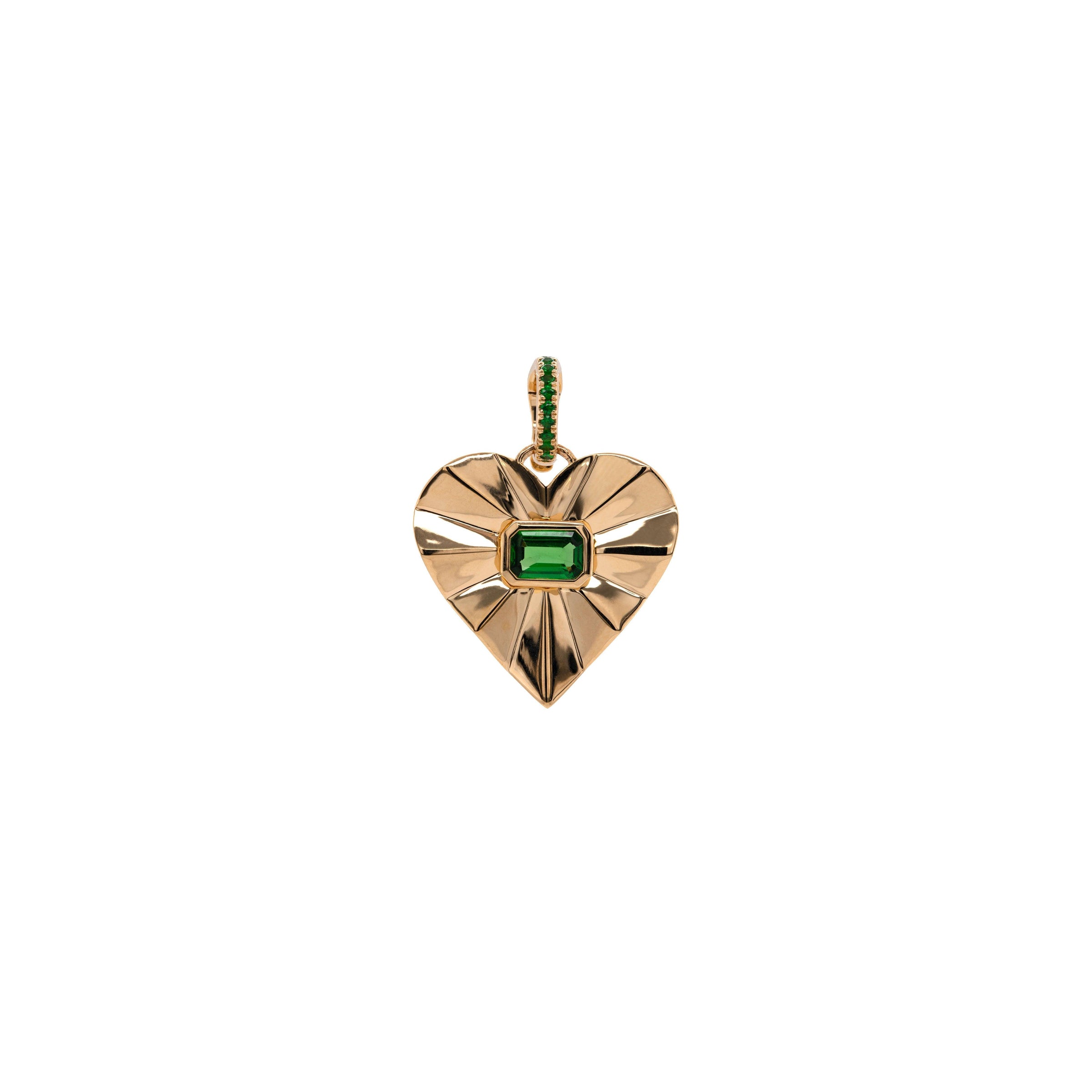 Tsavorite Spiral Heart Pendant: 14K gold charm in the shape of a heart with a center green gemstone and an openable bail with green gemstones on a white background