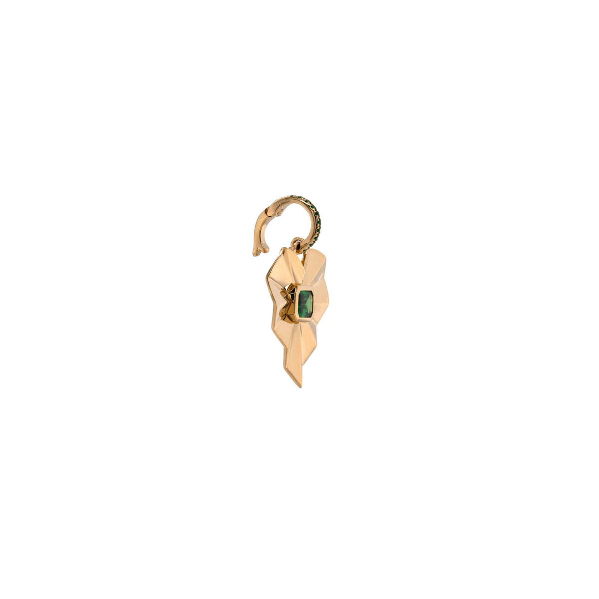 Tsavorite Spiral Heart Pendant: 14K gold charm in the shape of a heart with a center green gemstone and an openable bail with green gemstones on a white background