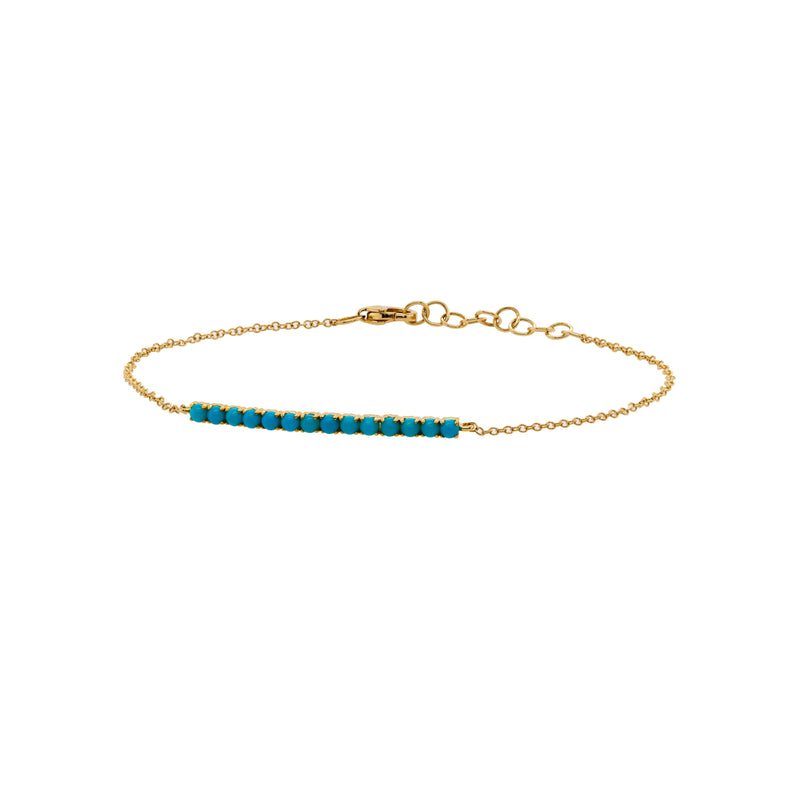 Turquoise Bar Bracelet: 14K Gold bracelet with a bar of turquoise beads on a white background