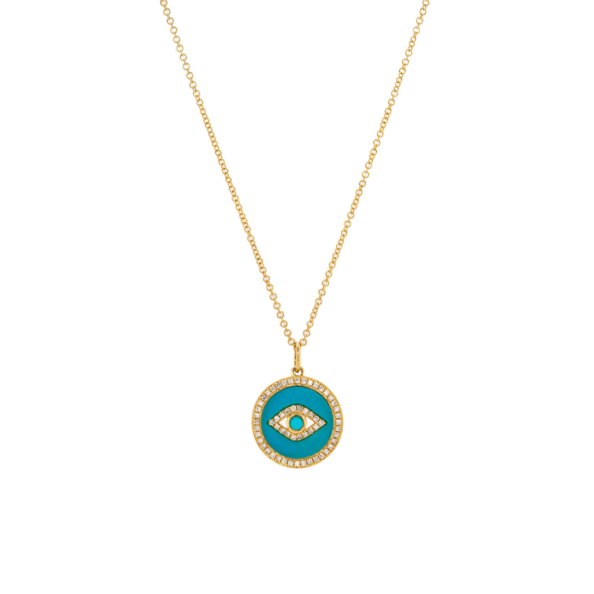 Turquoise Evil Eye Necklace: 14K gold necklace with a round turquoise evil eye pendant on a white background