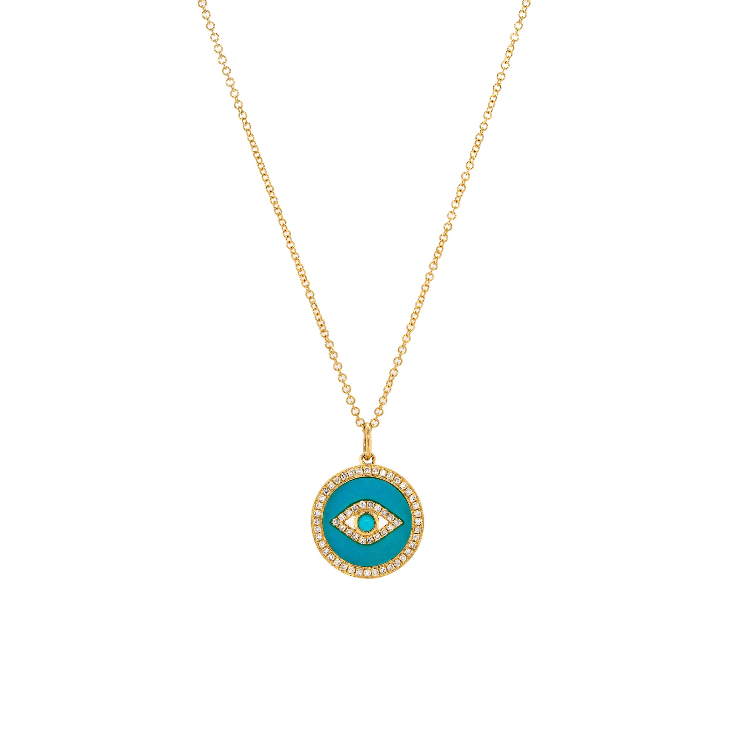Turquoise Evil Eye Necklace: 14K gold necklace with a round turquoise evil eye pendant on a white background