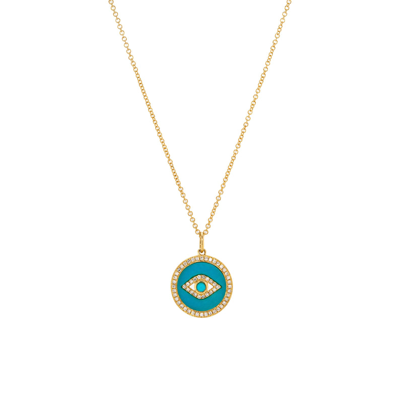 Turquoise Evil Eye Necklace: 14K gold necklace with a round turquoise evil eye pendant on a white background