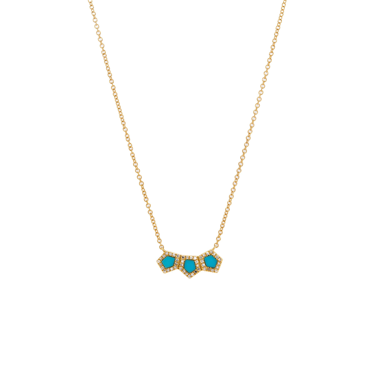 Turquoise Prism Bar Necklace: 14K gold necklace with turquoise hexagon-shaped stones outlined by diamonds on a gold chain against a white background
