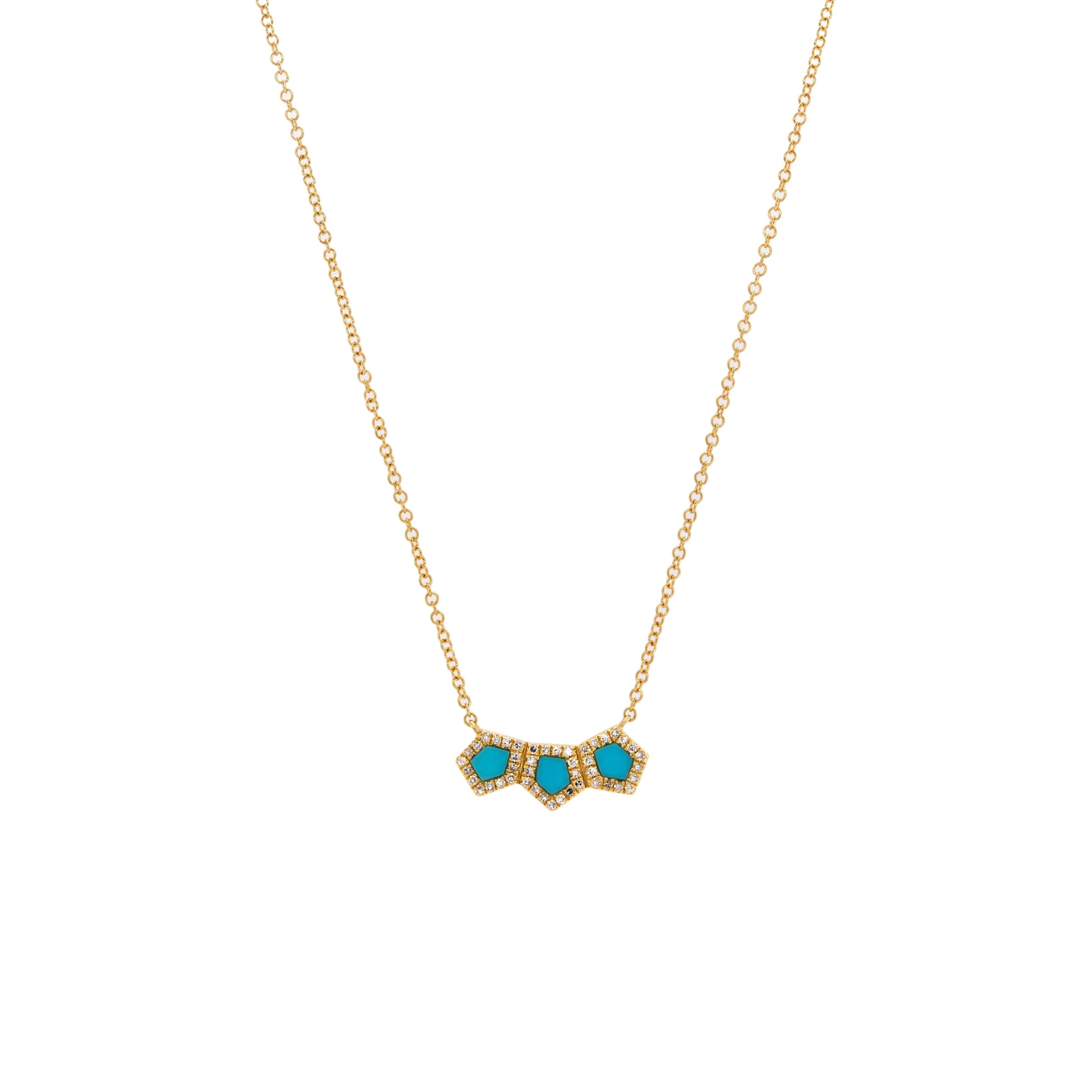 Turquoise Prism Bar Necklace: 14K gold necklace with turquoise hexagon-shaped stones outlined by diamonds on a gold chain against a white background