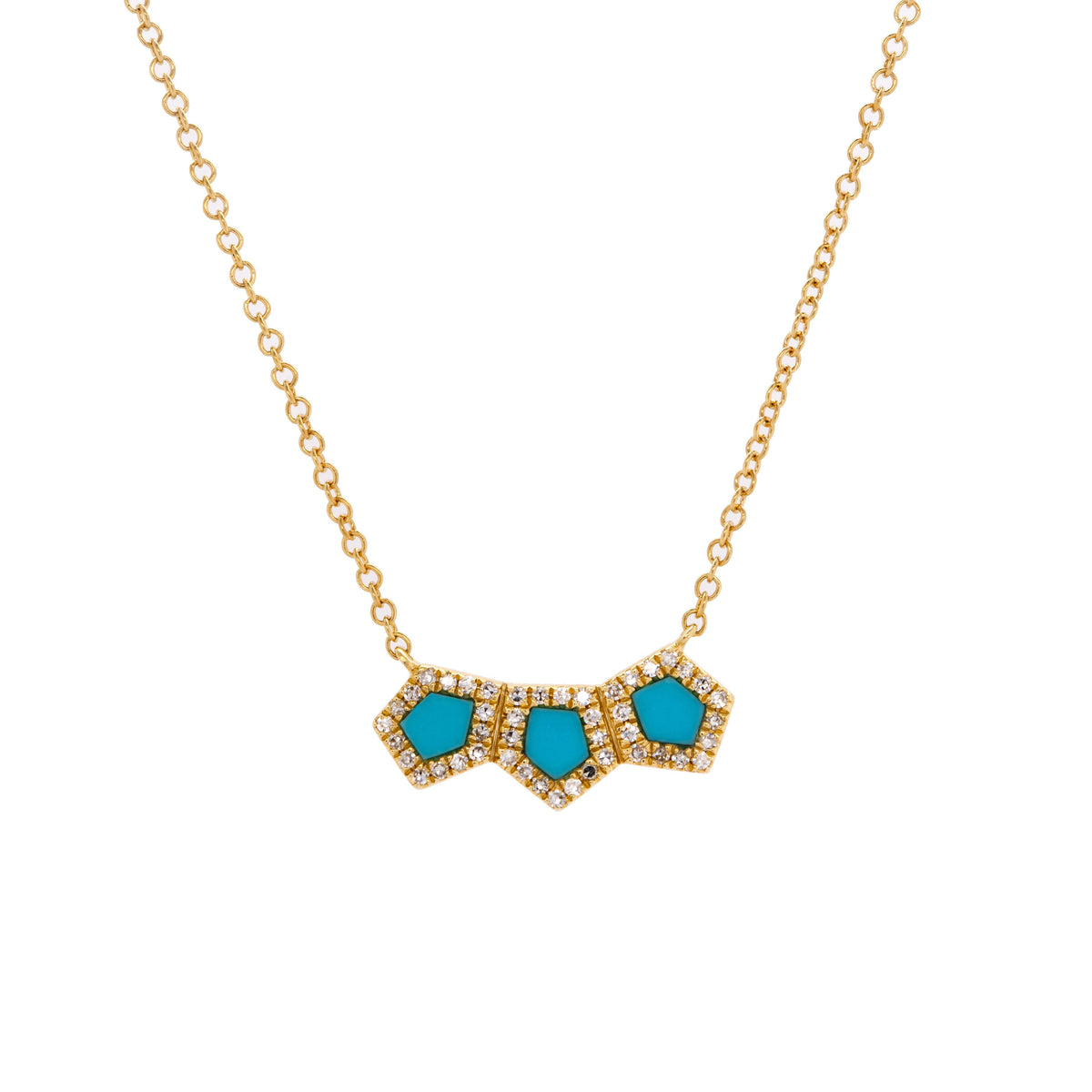 Turquoise Prism Bar Necklace: 14K gold necklace with turquoise hexagon-shaped stones outlined by diamonds on a gold chain against a white background