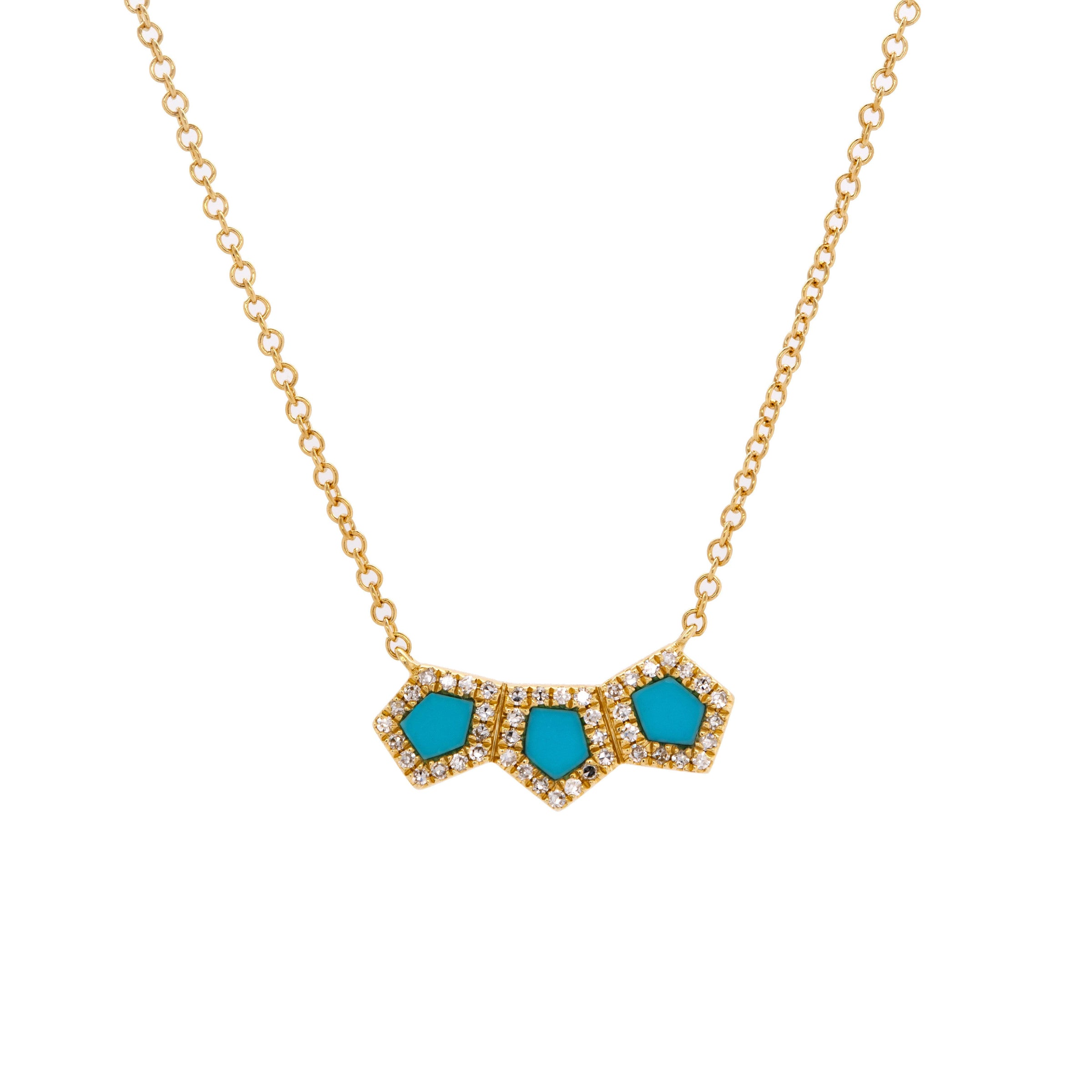 Turquoise Prism Bar Necklace: 14K gold necklace with turquoise hexagon-shaped stones outlined by diamonds on a gold chain against a white background