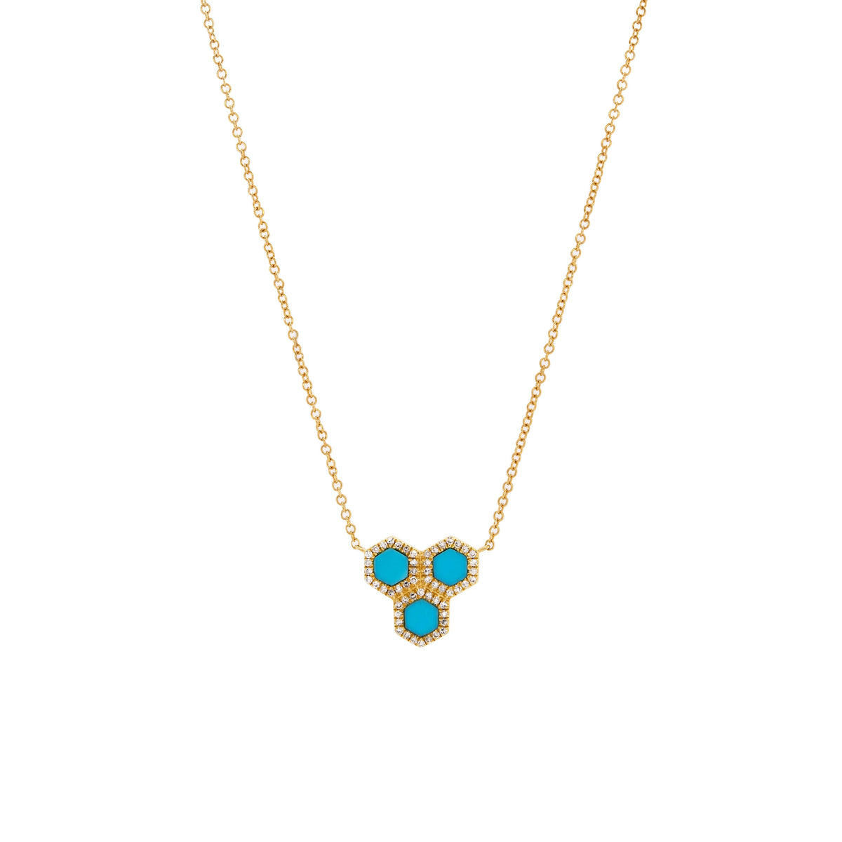 Turquoise Prism Hive Necklace: 14K gold necklace with a hive-looking pendant featuring three prism turquoise stones outlined by diamonds on a white background