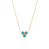 Turquoise Prism Hive Necklace: 14K gold necklace with a hive-looking pendant featuring three prism turquoise stones outlined by diamonds on a white background