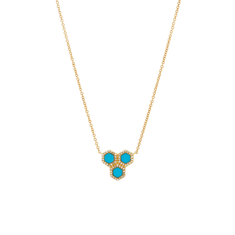 Turquoise Prism Hive Necklace: 14K gold necklace with a hive-looking pendant featuring three prism turquoise stones outlined by diamonds on a white background