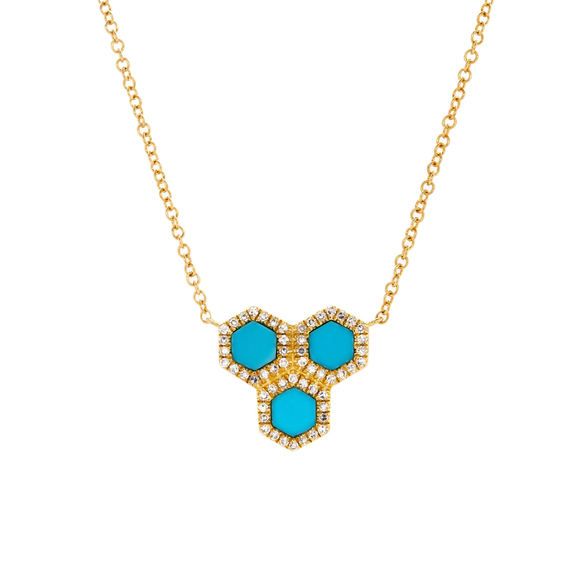 Turquoise Prism Hive Necklace: 14K gold necklace with a hive-looking pendant featuring three prism turquoise stones outlined by diamonds on a white background